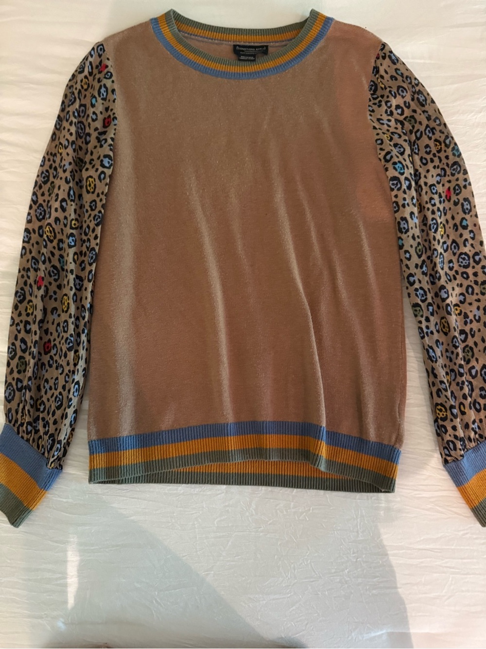 Anthropologie Leopard Sleeve Crewneck Sweater in Camel with Blue & Mustard Trim
